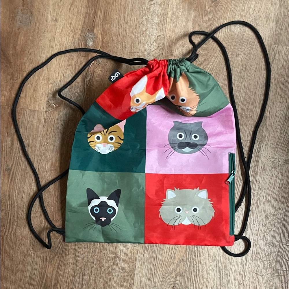 Loqi Cat Faces Kids Drawstring Bag -‎ Red, Green, Pink